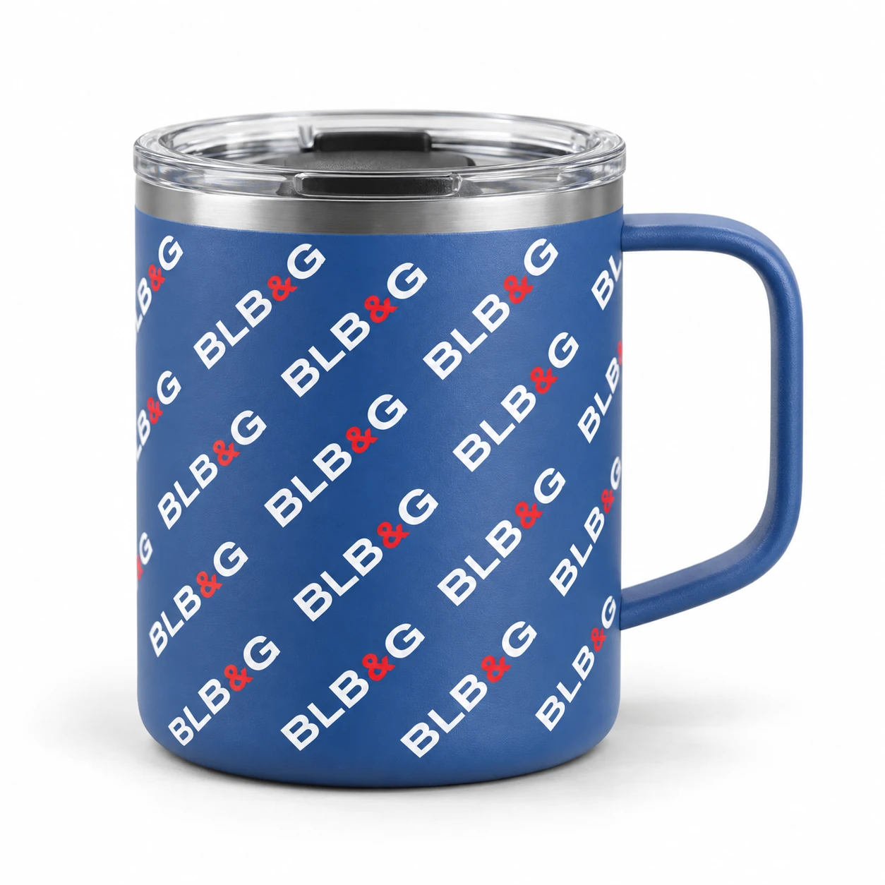 BLB&G blue travel mug with a repeating logo pattern