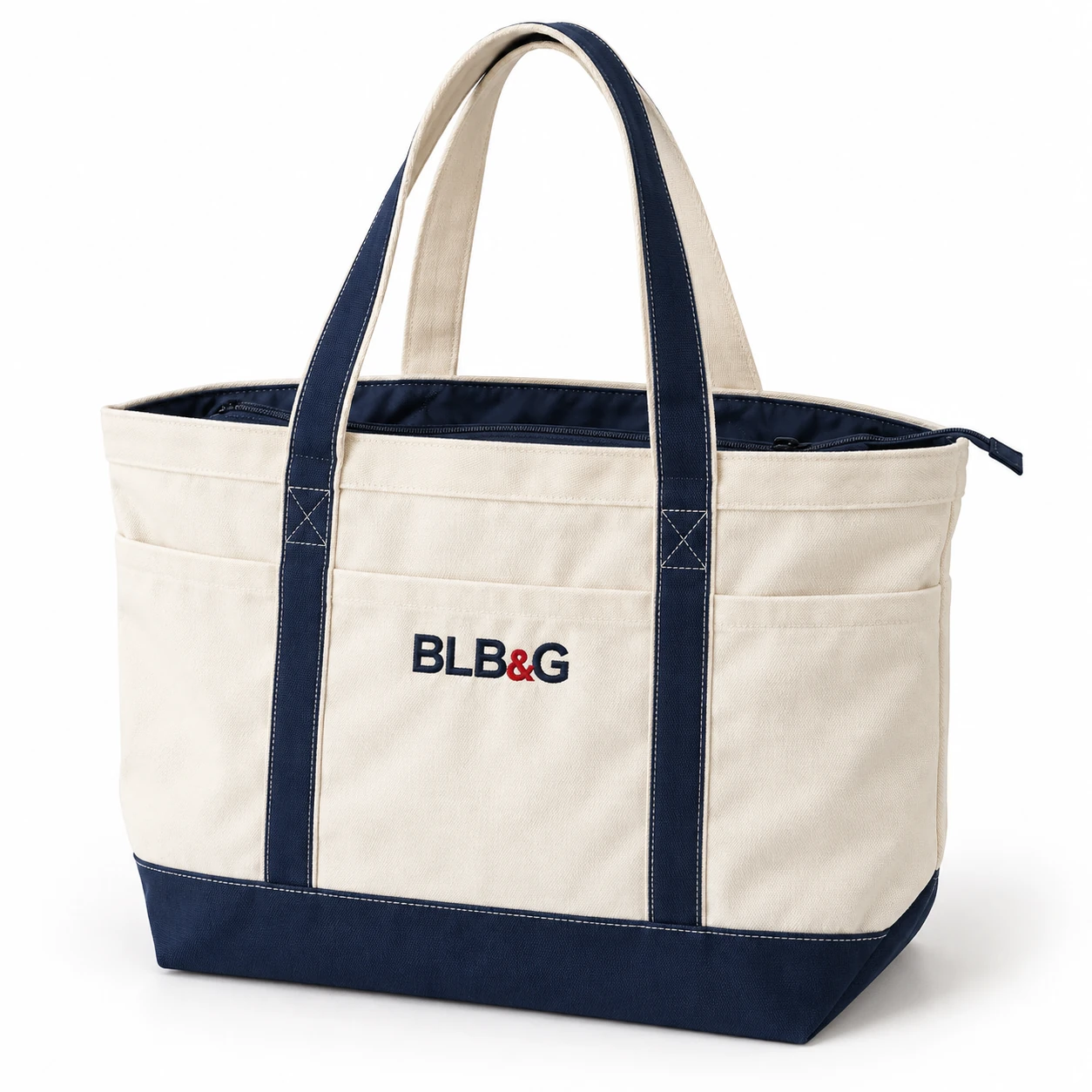 BLB&G canvas boat tote with navy handles