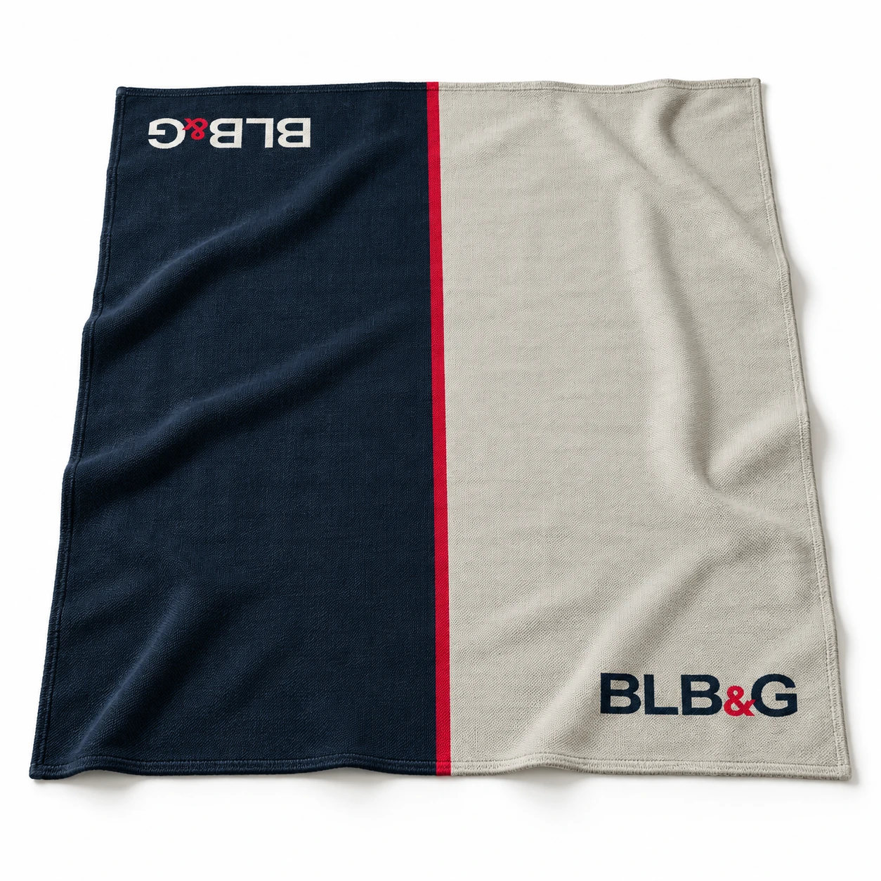 BLB&G woven blanket in navy, red, and ivory