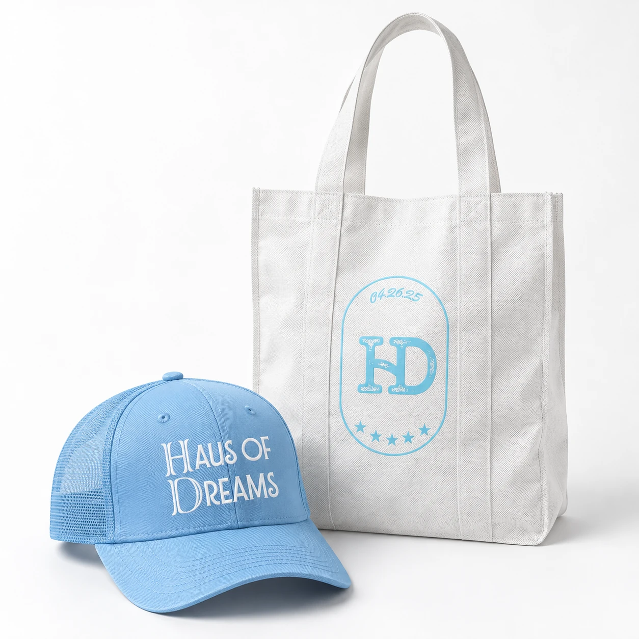 Hayden custom canvas tote and blue embroidered cap