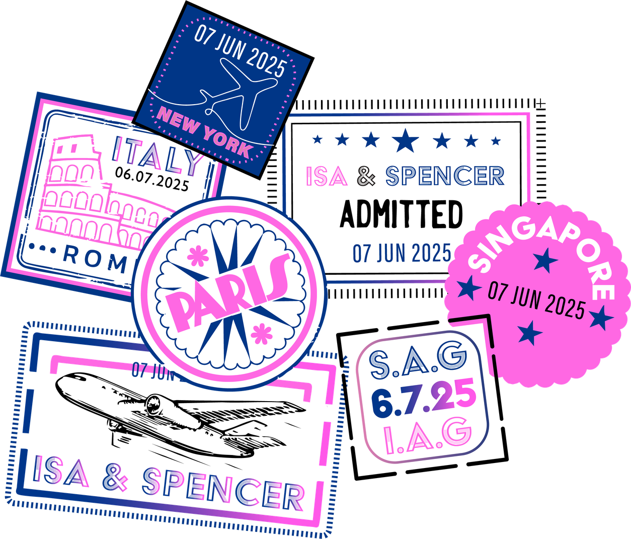 Isa and Spencer custom travel stamp illustrations