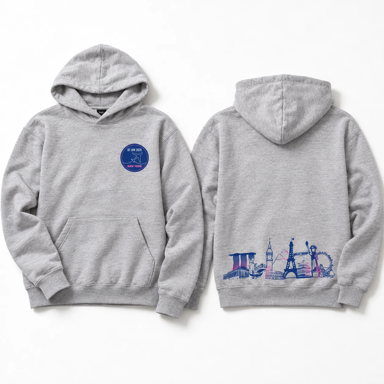 Isa and Spencer gray hoodie with illustrated landmarks, front and back
