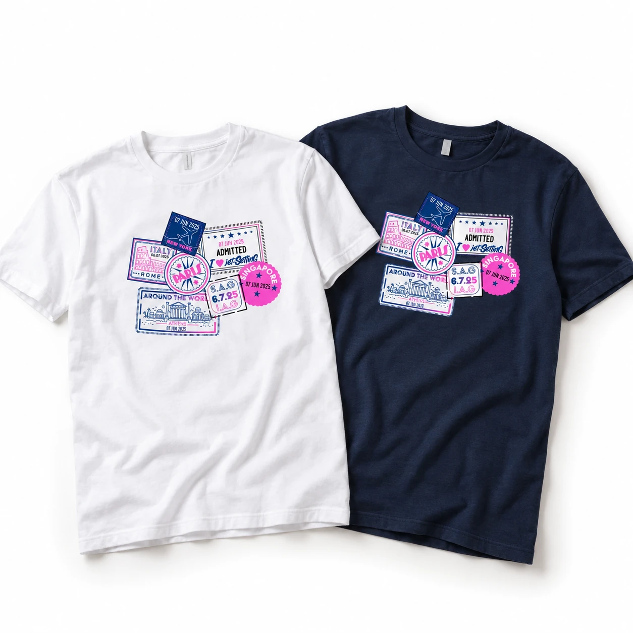 Isa and Spencer white and navy T-shirts with travel graphics