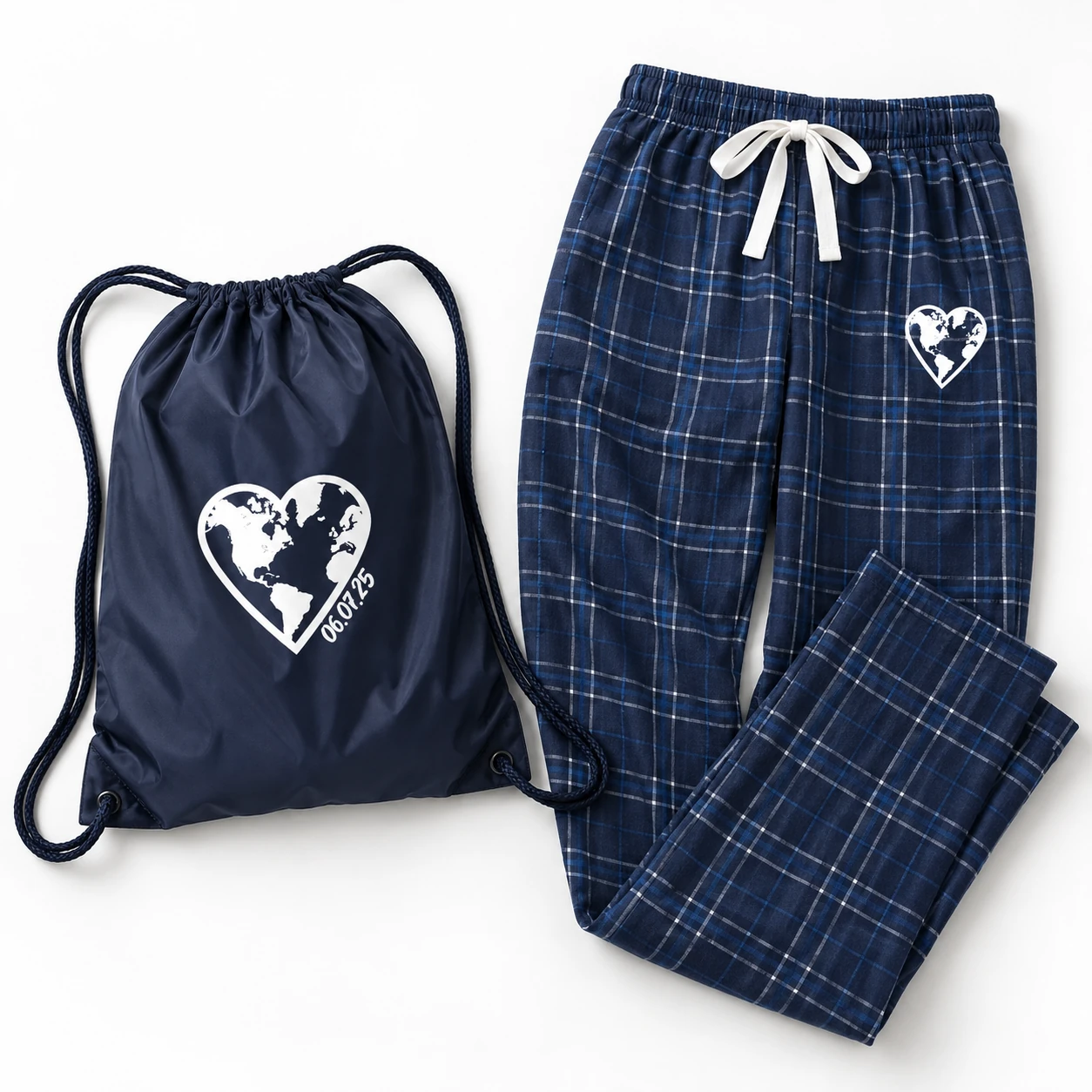 Isa and Spencer drawstring bag and plaid pants with a heart-shaped globe
