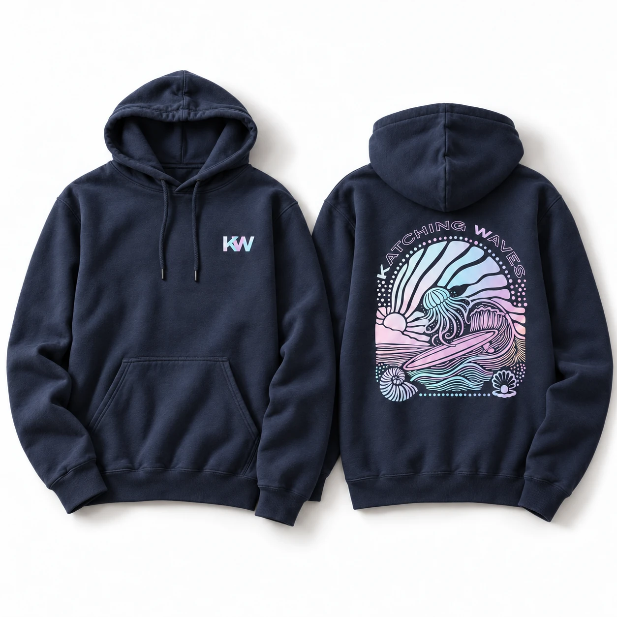 Kira navy hoodie with custom wave artwork, front and back