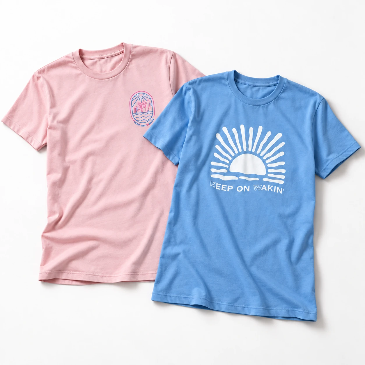 Kira pink and blue T-shirts with coastal graphics