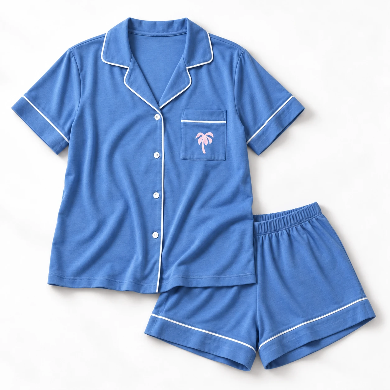 Kira blue pajama set with embroidered palm detail