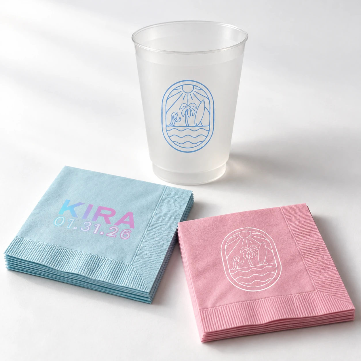 Kira custom cup and pastel cocktail napkins
