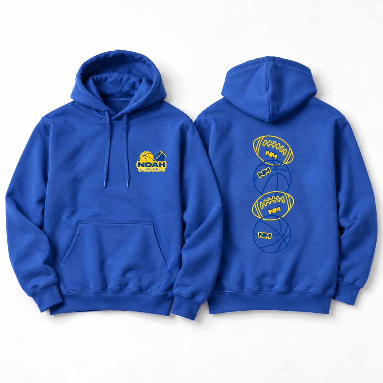 Noah blue hoodie with custom basketball graphics, front and back