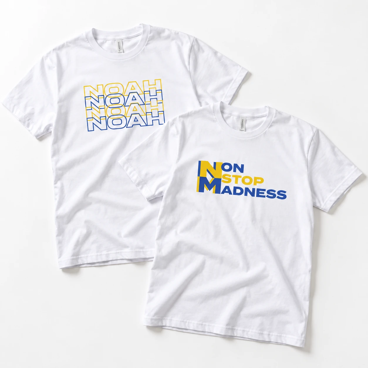 Noah white T-shirts with blue and yellow lettering