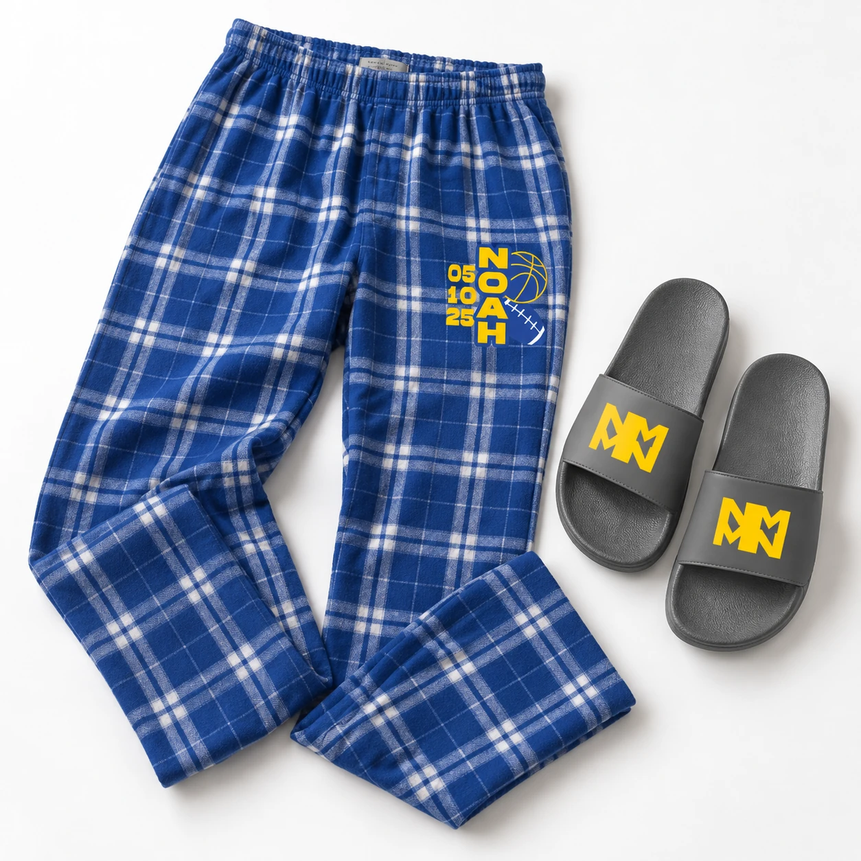 Noah plaid lounge pants and personalized slides