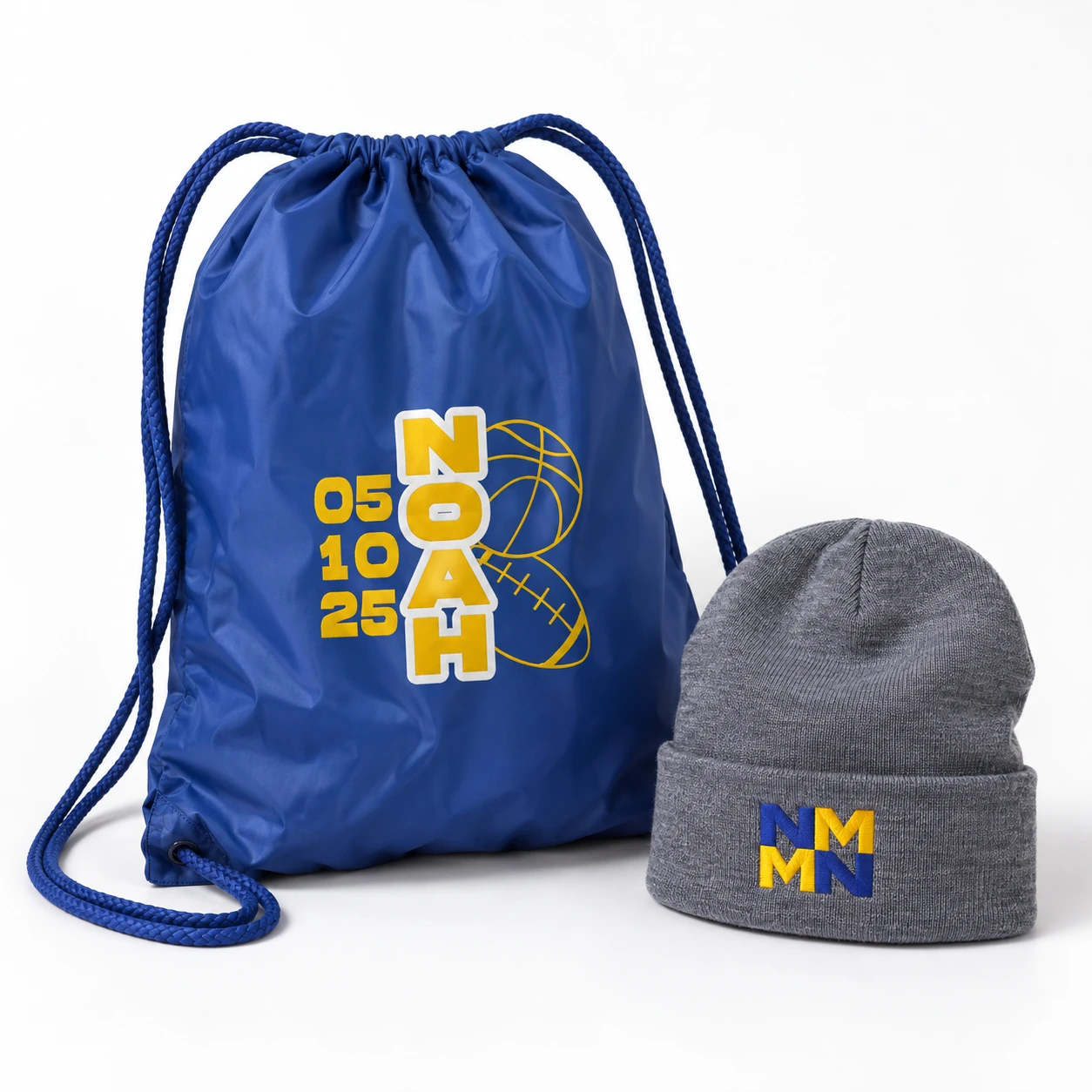 Noah blue drawstring bag and embroidered gray beanie