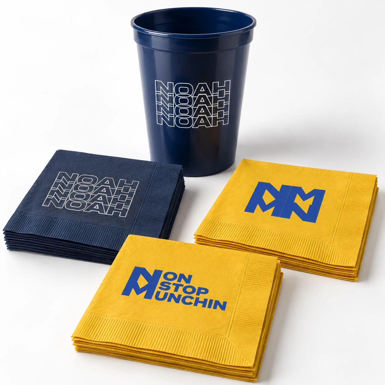 Noah custom cup and navy and yellow cocktail napkins