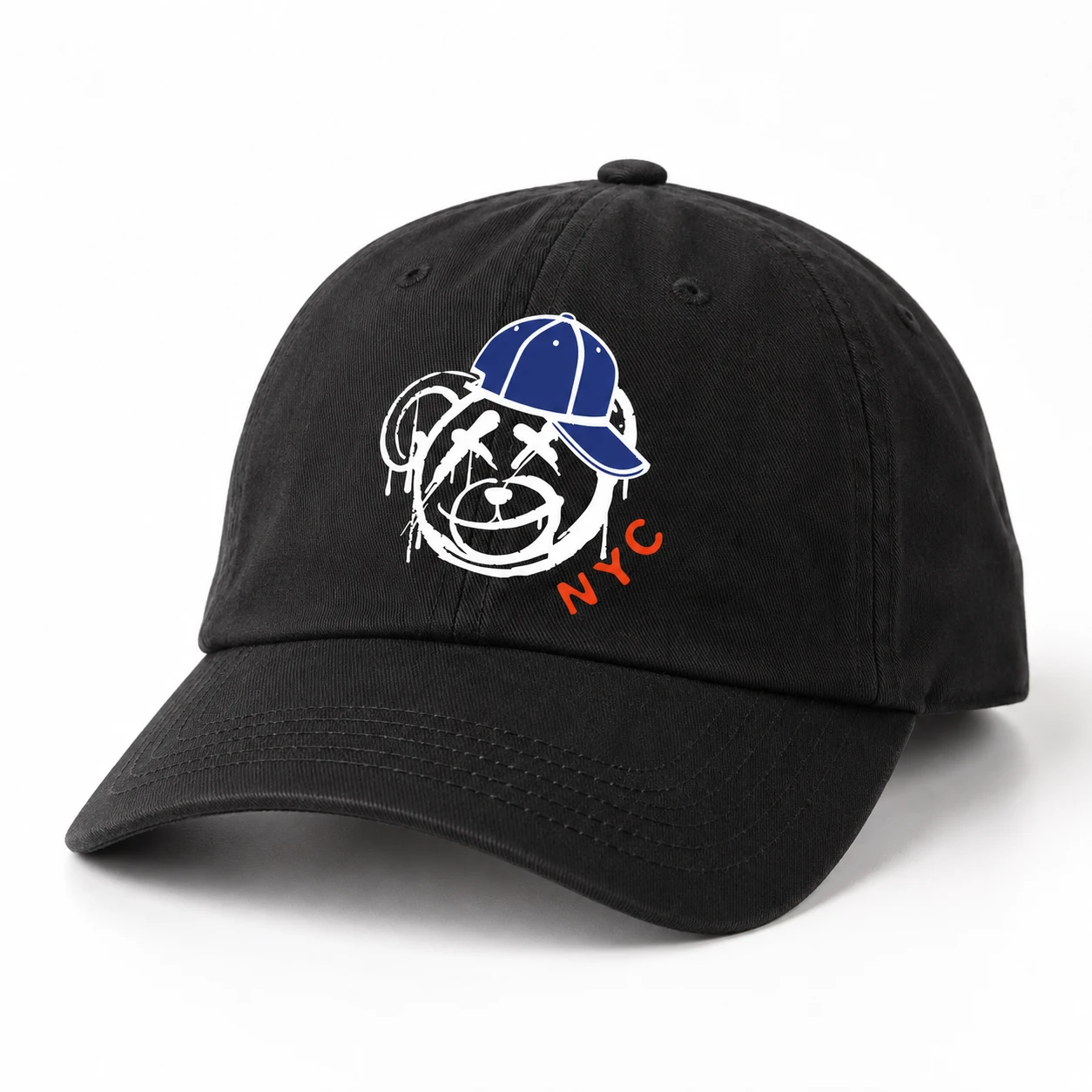 Teddy black cap with printed bear artwork