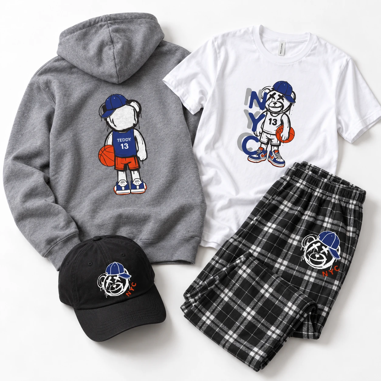 Teddy custom hoodie, T-shirt, cap, and plaid pants collection