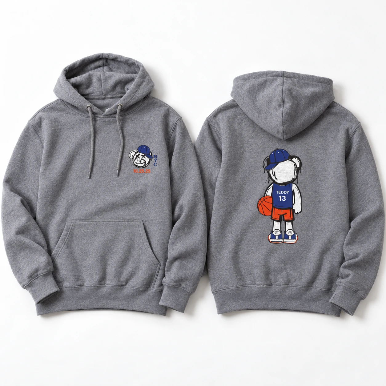 Teddy gray hoodie, front and back