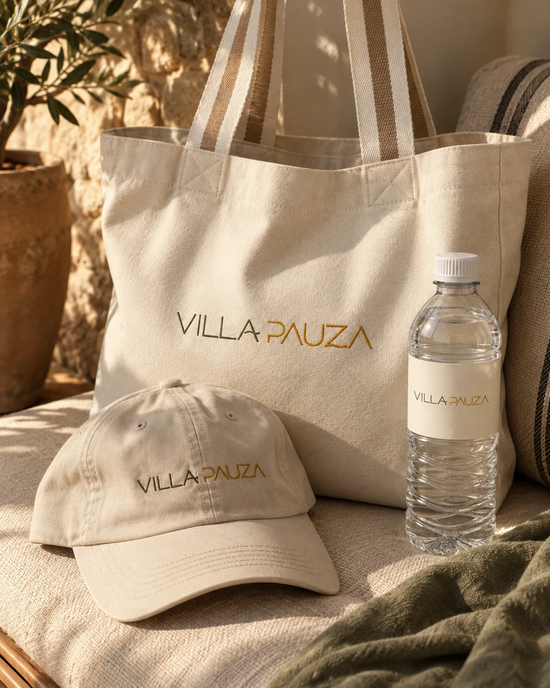 Villa Pauza tote, cap, and water bottle in a sunlit setting