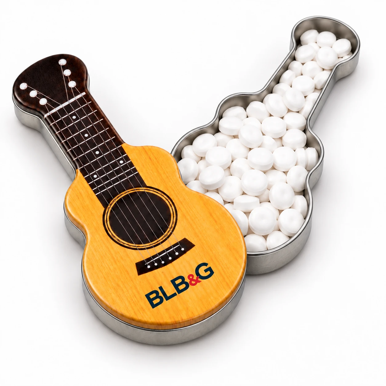 BLB&G guitar-shaped mint tin, closed and open with mints