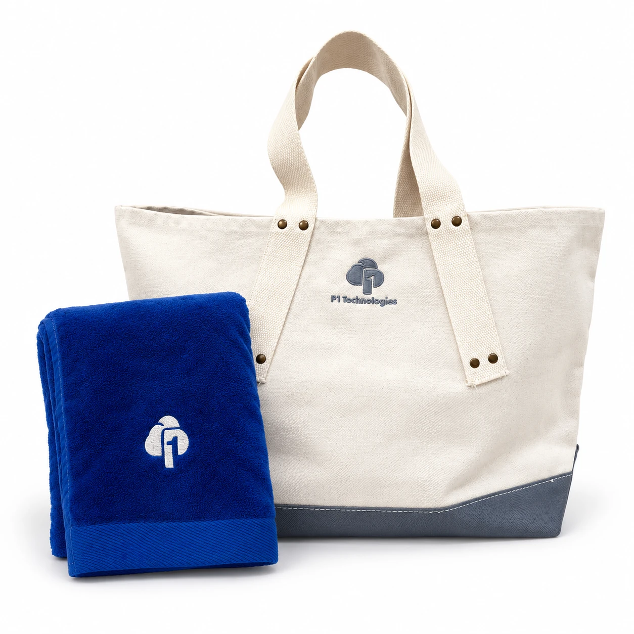 P1 Technologies canvas tote and embroidered blue towel gifting set