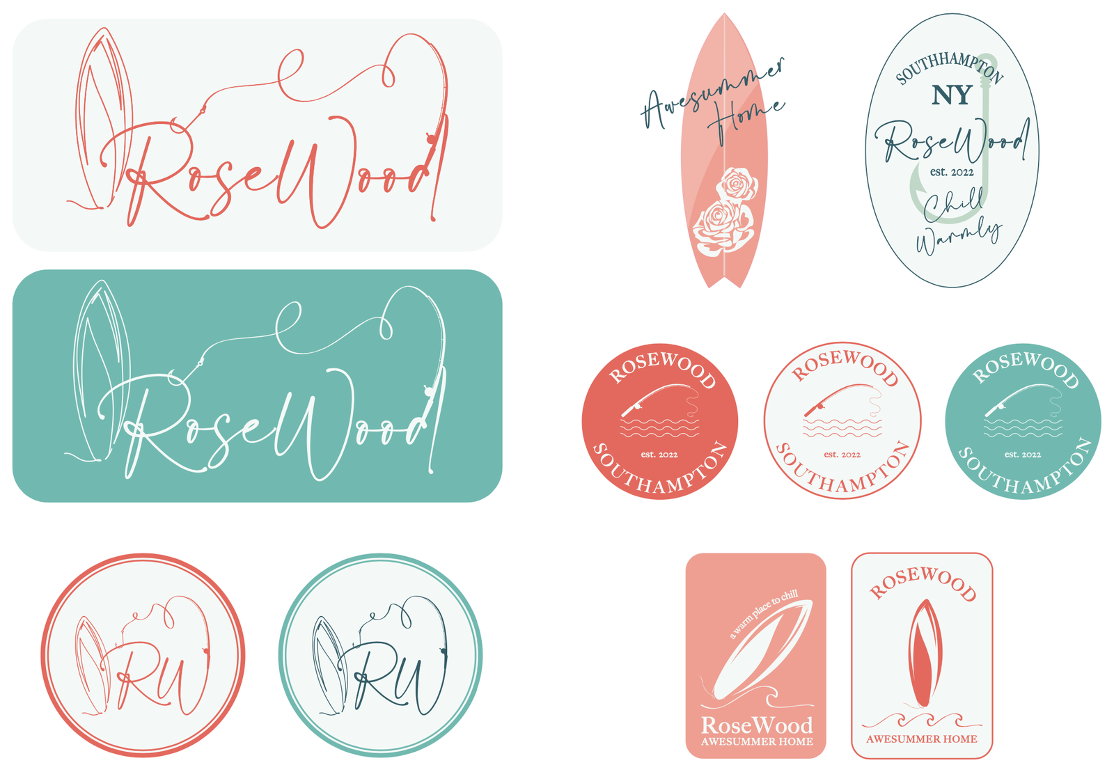 Rosewood identity with surfboards, fishing motifs, monograms, and guest merchandise emblems