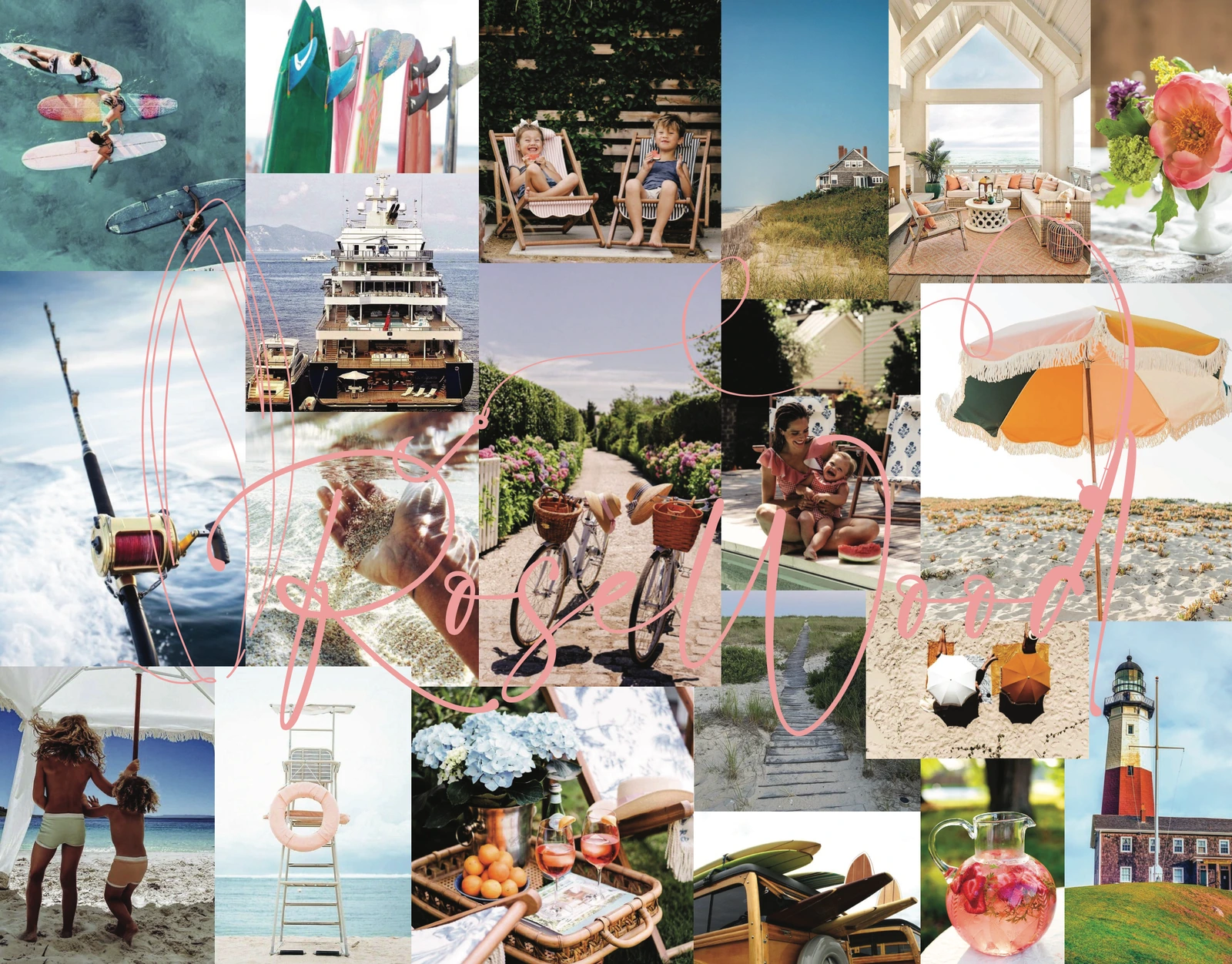 Rosewood coastal inspiration mood board with the pink surfboard and fishing line logo