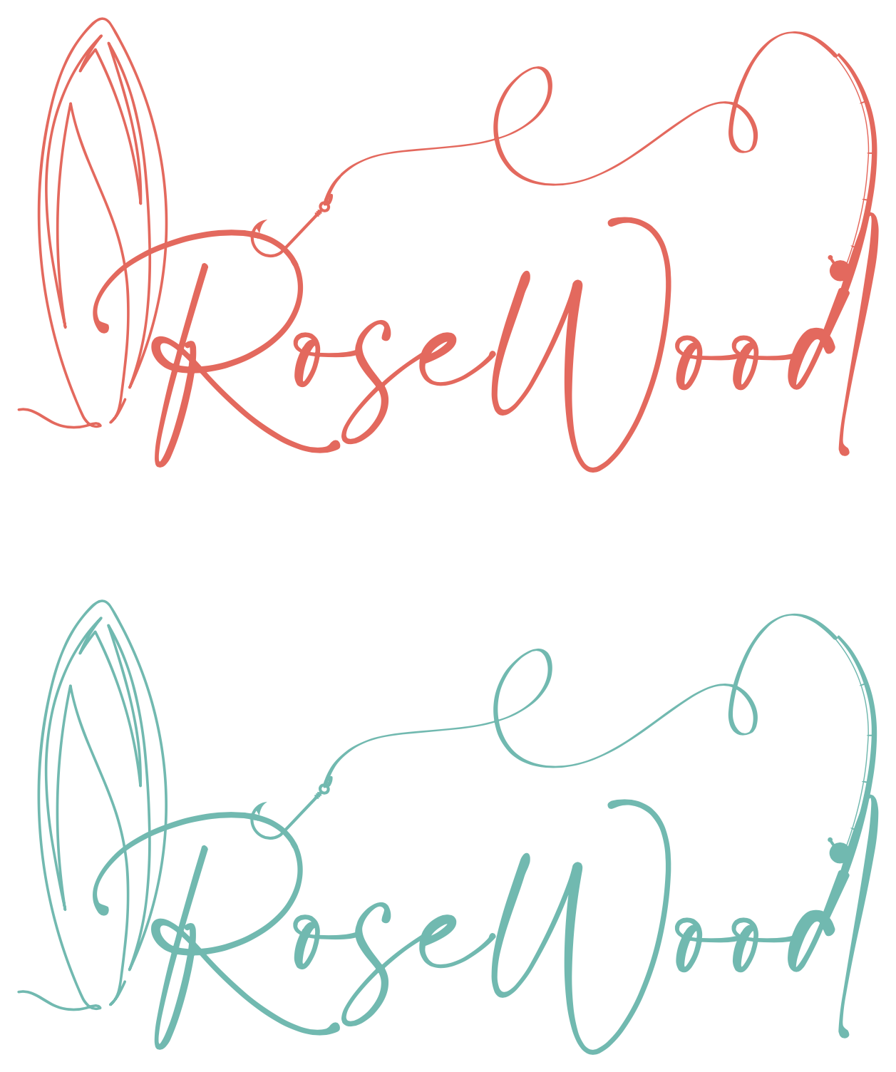 Rosewood primary surfboard and fishing line logos in coral and turquoise