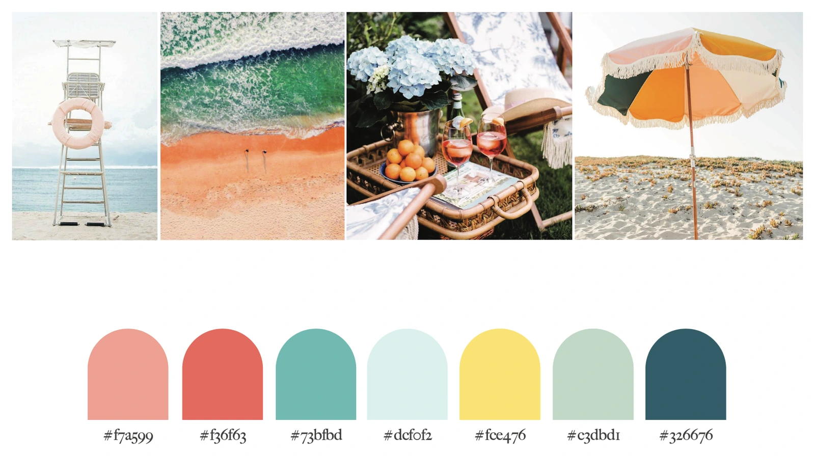 Rosewood coastal color palette in coral, turquoise, pale blue, yellow, sage, and deep teal