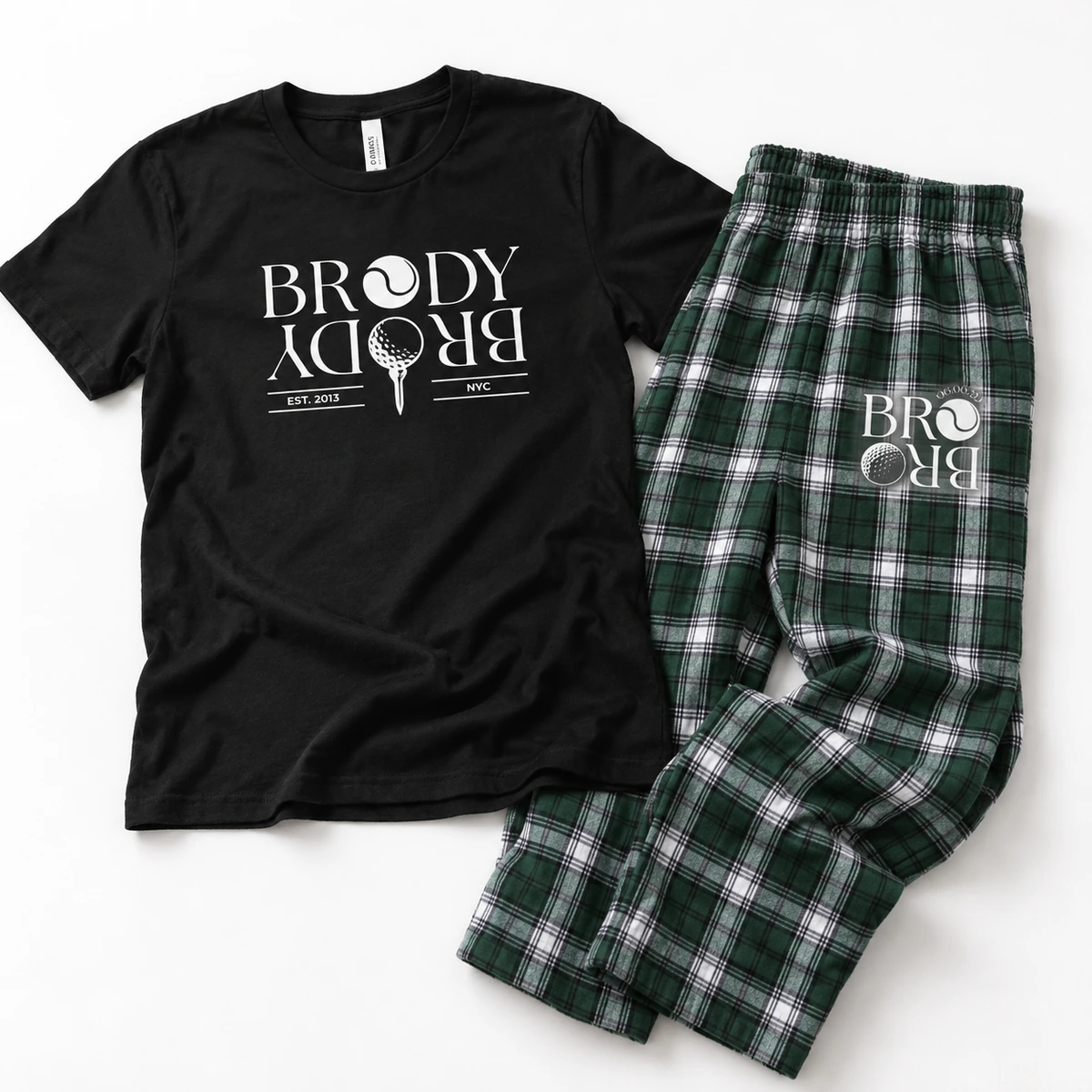 Brody black T-shirt and green plaid pants