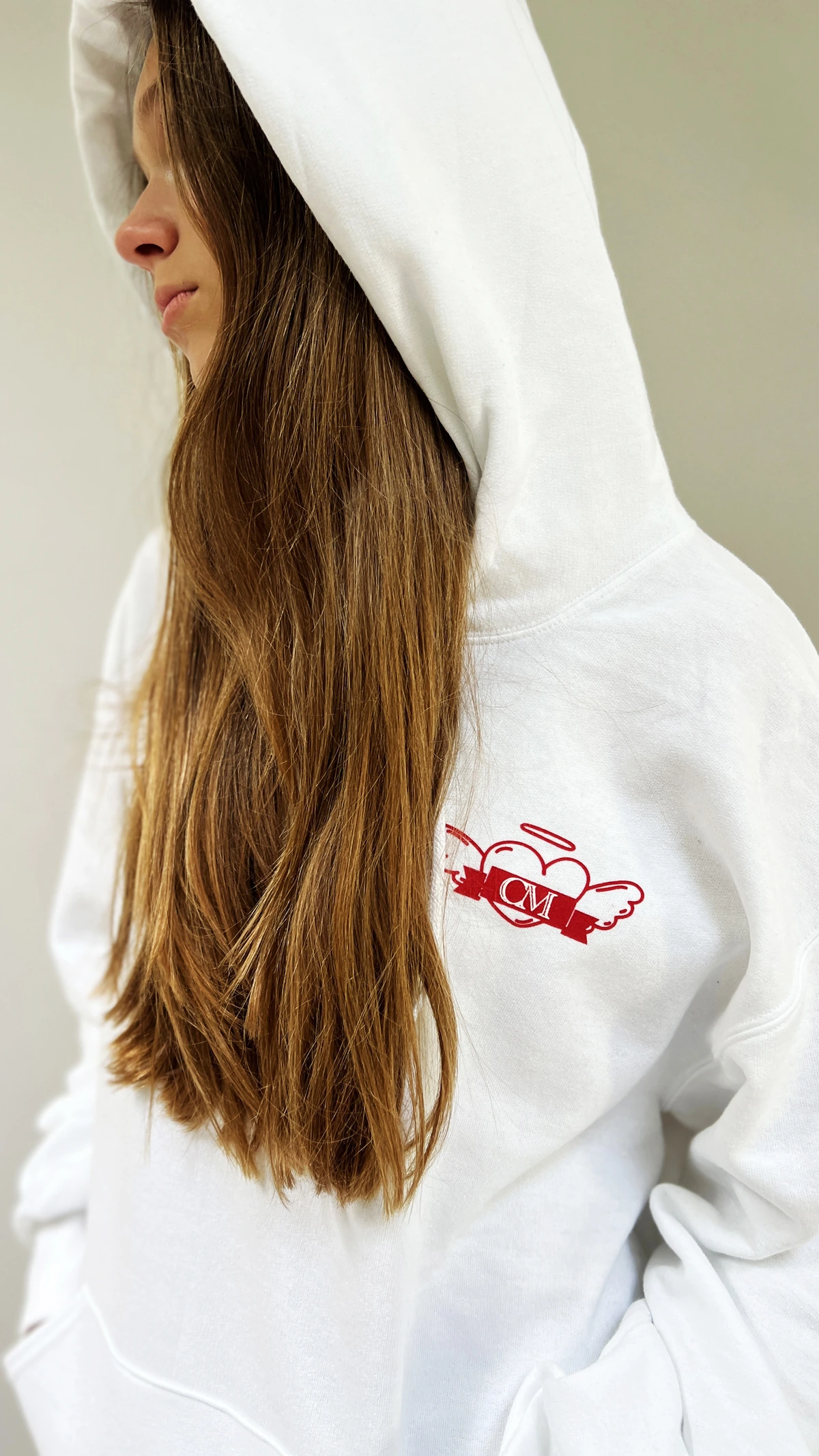 Cate white hoodie portrait