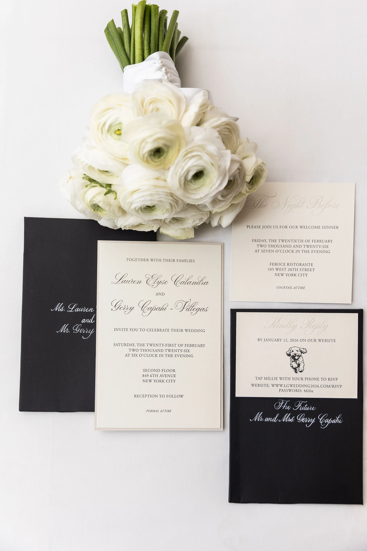 Lauren & Gerry invitation suite and white bouquet