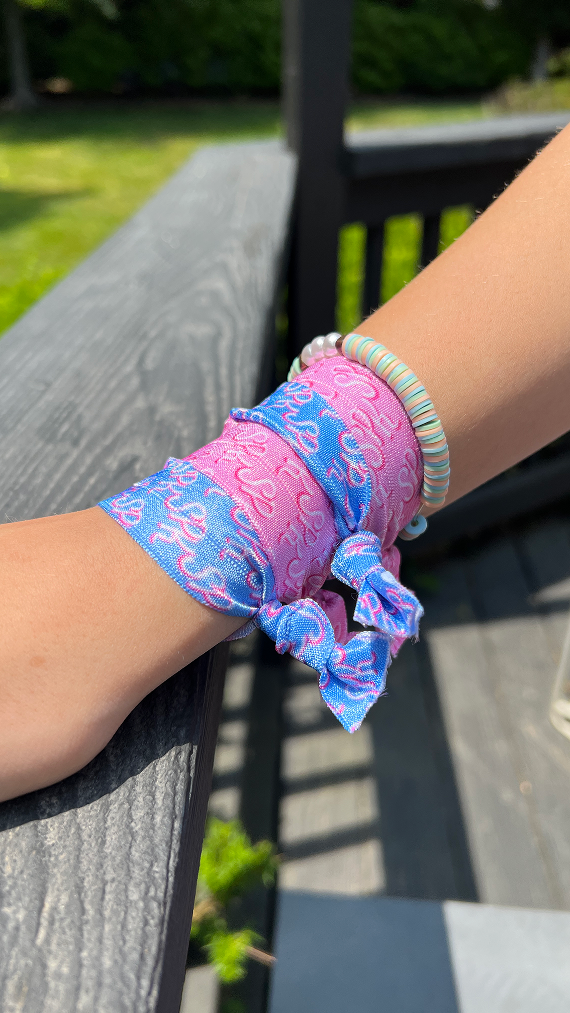 Sadie pink and blue scrunchie details