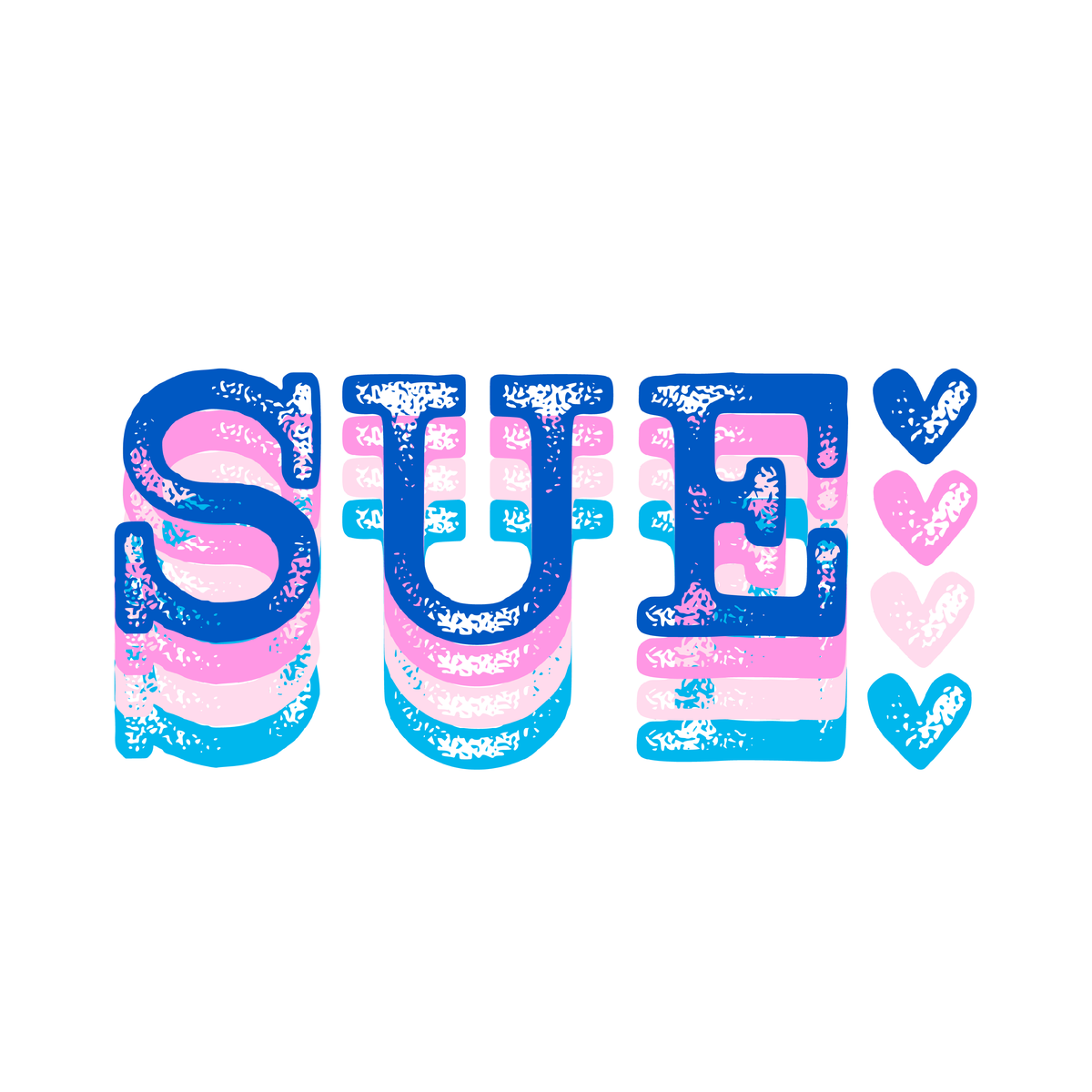 Sue multicolor lettering and hearts