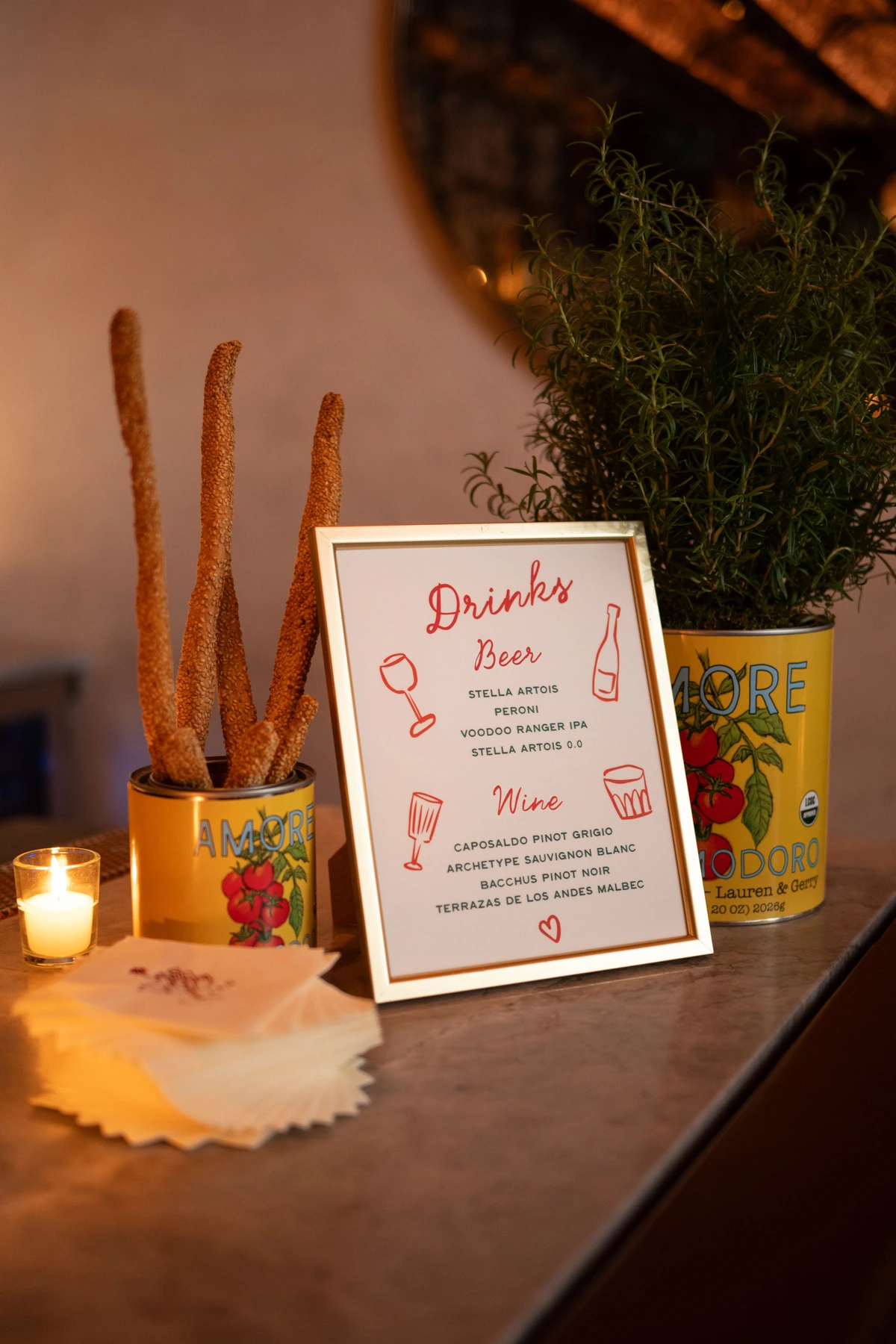 Lauren & Gerry wedding drinks menu and custom Amore cans