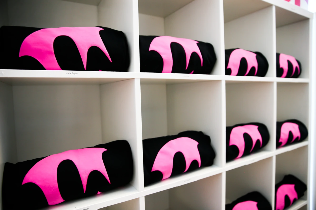 Lucy black and pink merchandise in white display cubbies