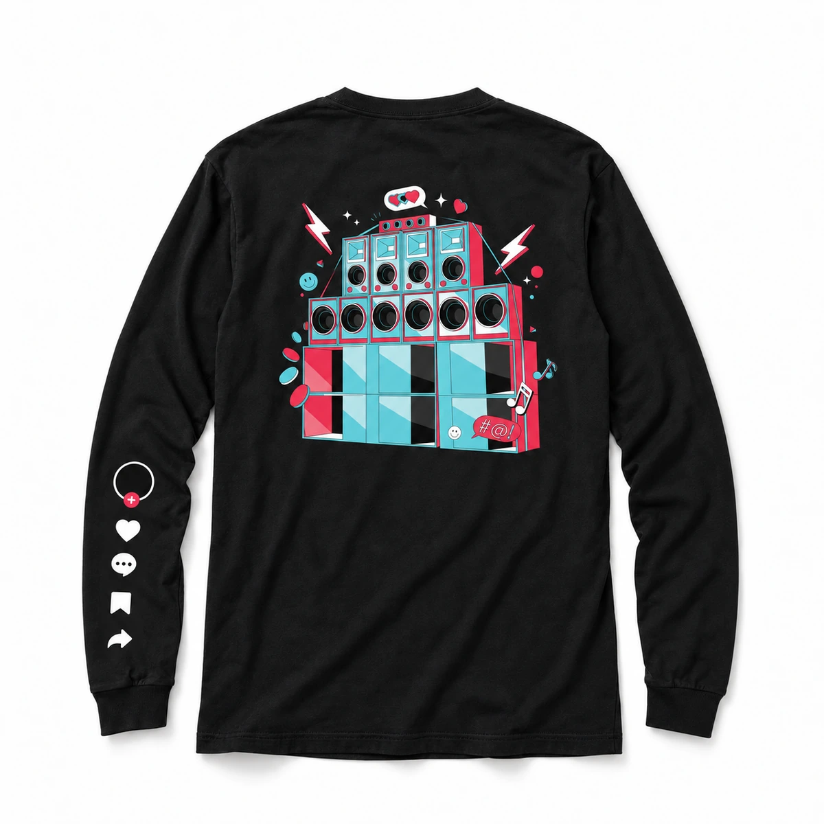 TikTok black long sleeve shirt with speaker graphic, back view