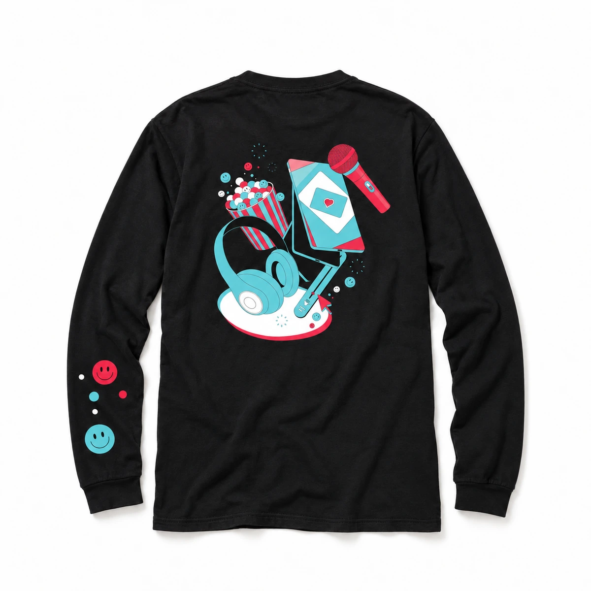 TikTok black long sleeve shirt with headphone graphic, back view