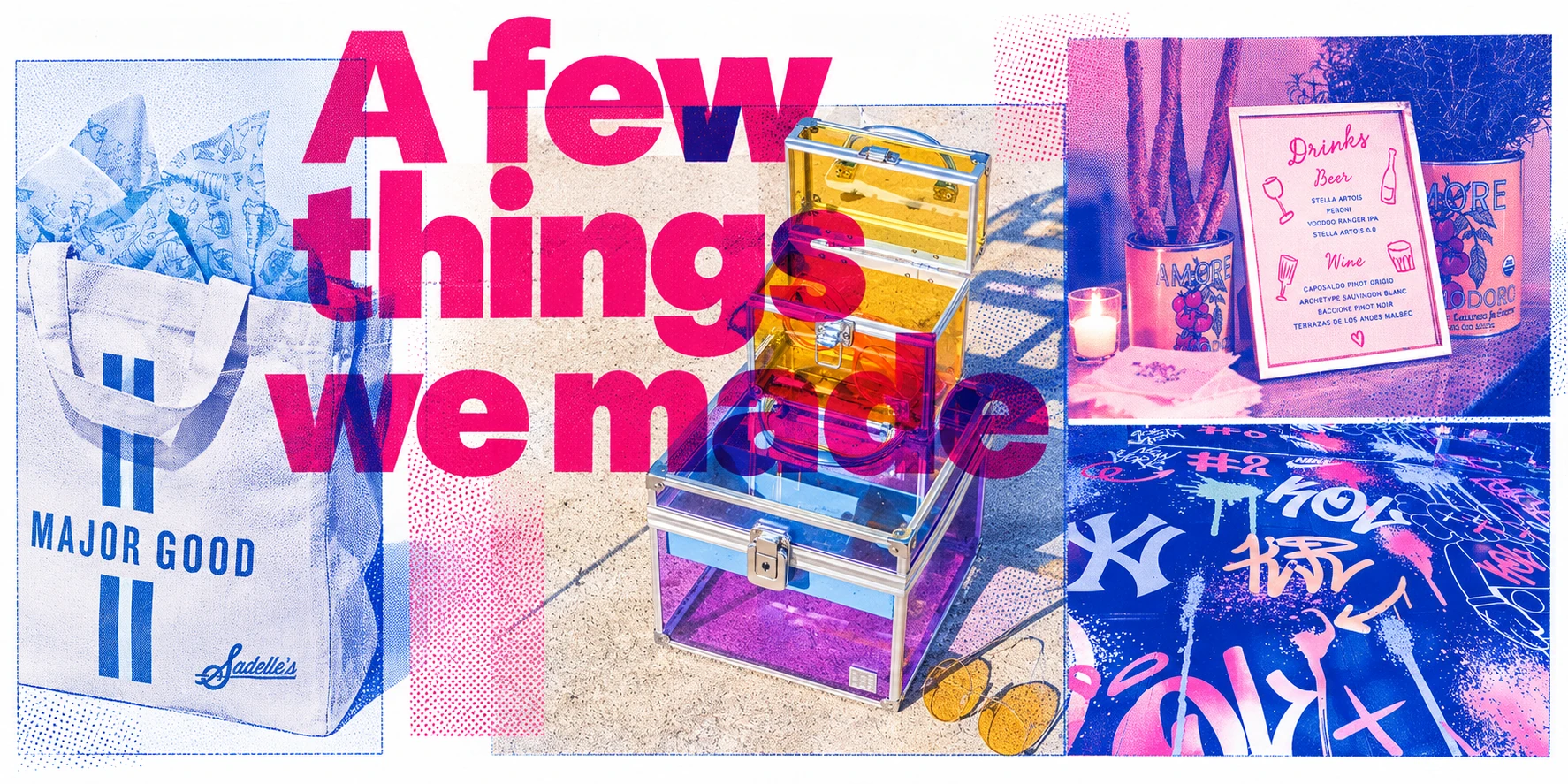 A few things we’ve made. Pink and cobalt collage of Major Food Group merchandise, colorful cases, wedding details, and event graphics.