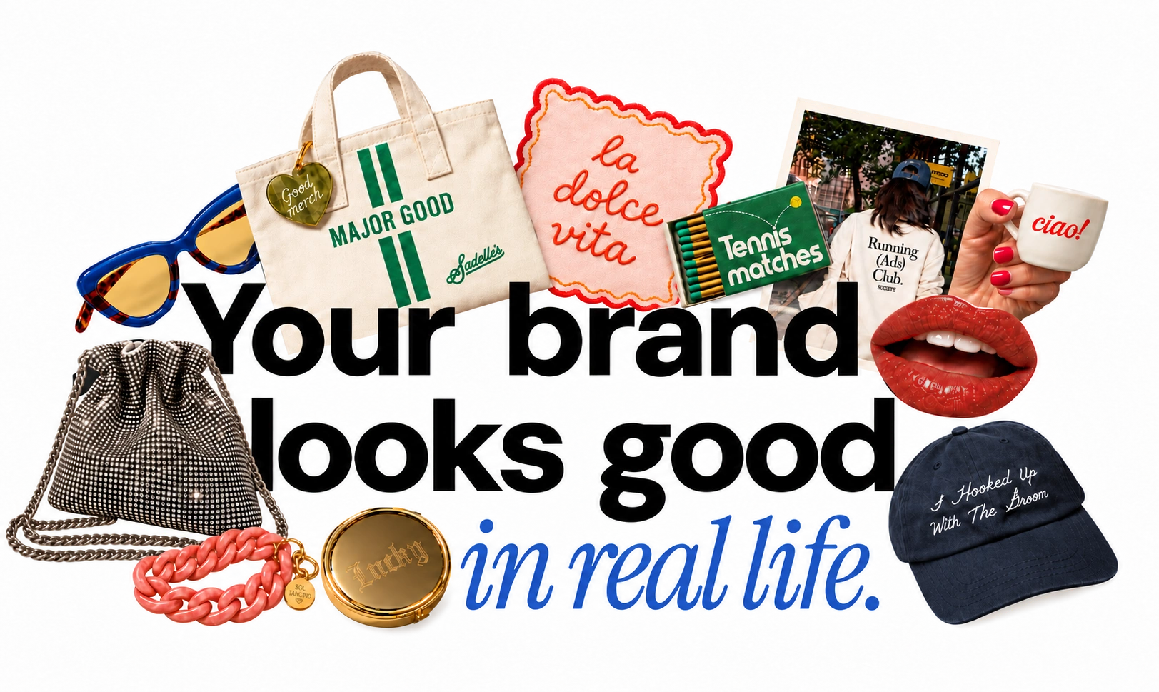A collage of custom merchandise and event details, including a canvas tote, coral wristlet, sparkling chain bag and embroidered cap.