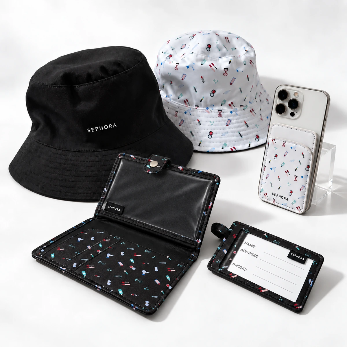 Sephora hats, phone accessory and passport cover collection