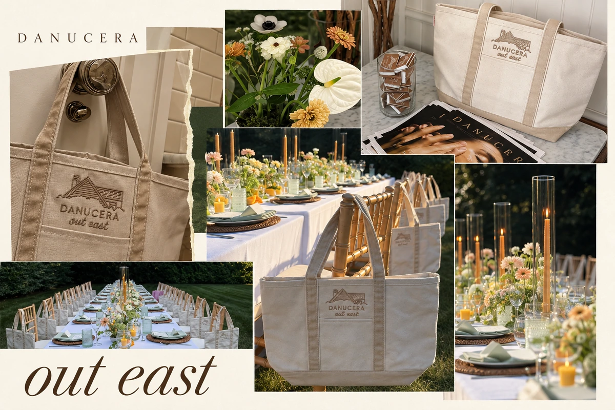 Danucera Out East editorial collage of totes and garden tables