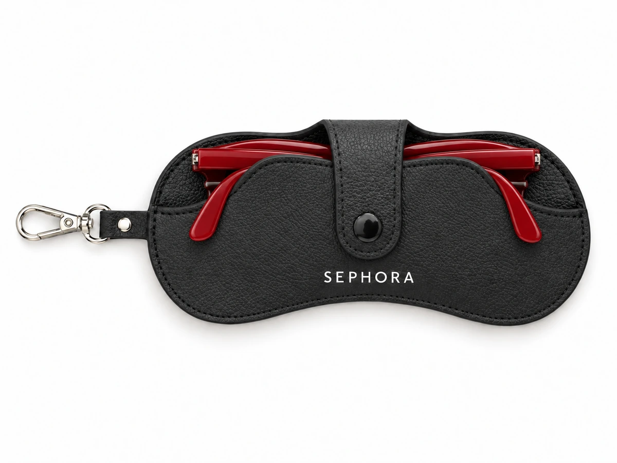Sephora black eyeglass case holding red sunglasses