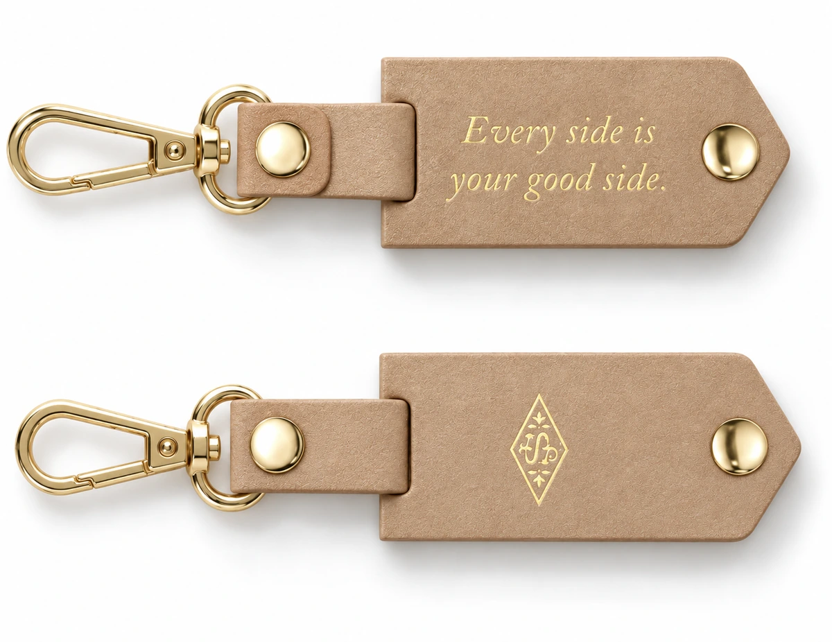 Sol de Janeiro closed mirror keychain pair, quote and logo views