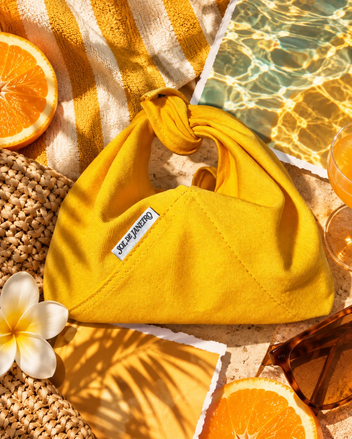 Sol de Janeiro yellow knotted bag in a summer collage with striped towel, citrus, water and woven textures